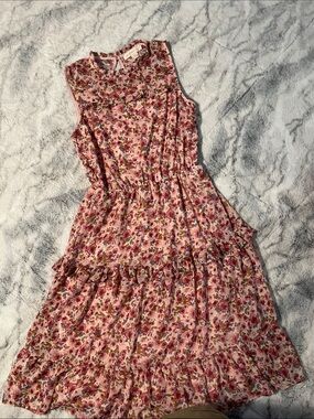Monteau Pink Multi Floral Ruffled Midi Dress Boho Festival Feminine